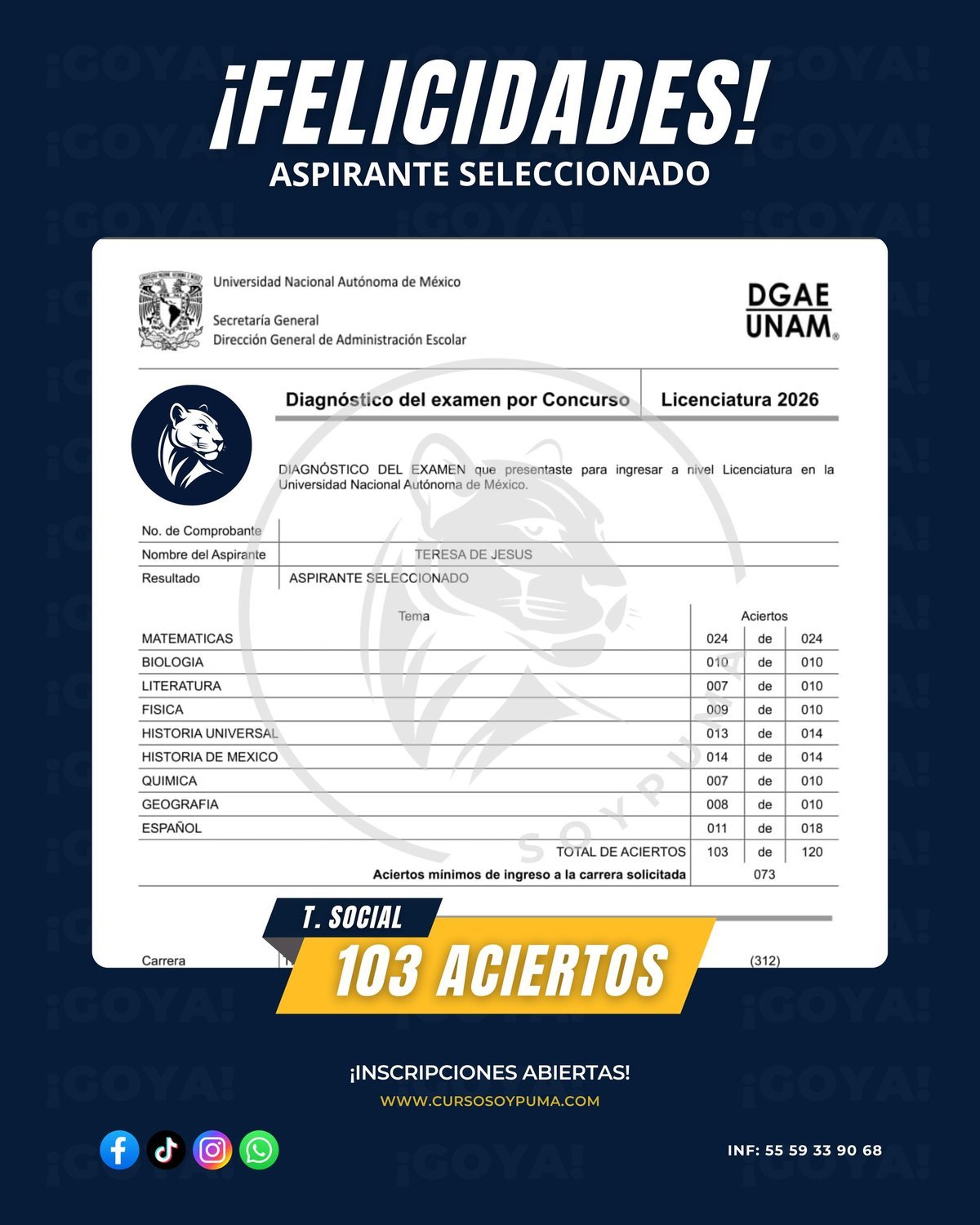 103 aciertos · Licenciatura 2026