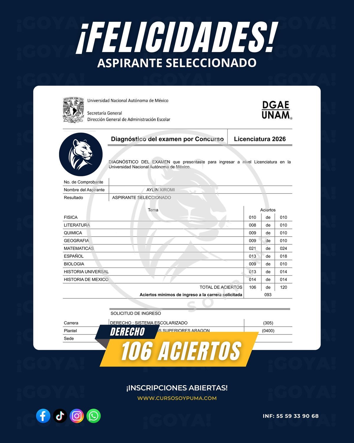 106 aciertos · Licenciatura 2026