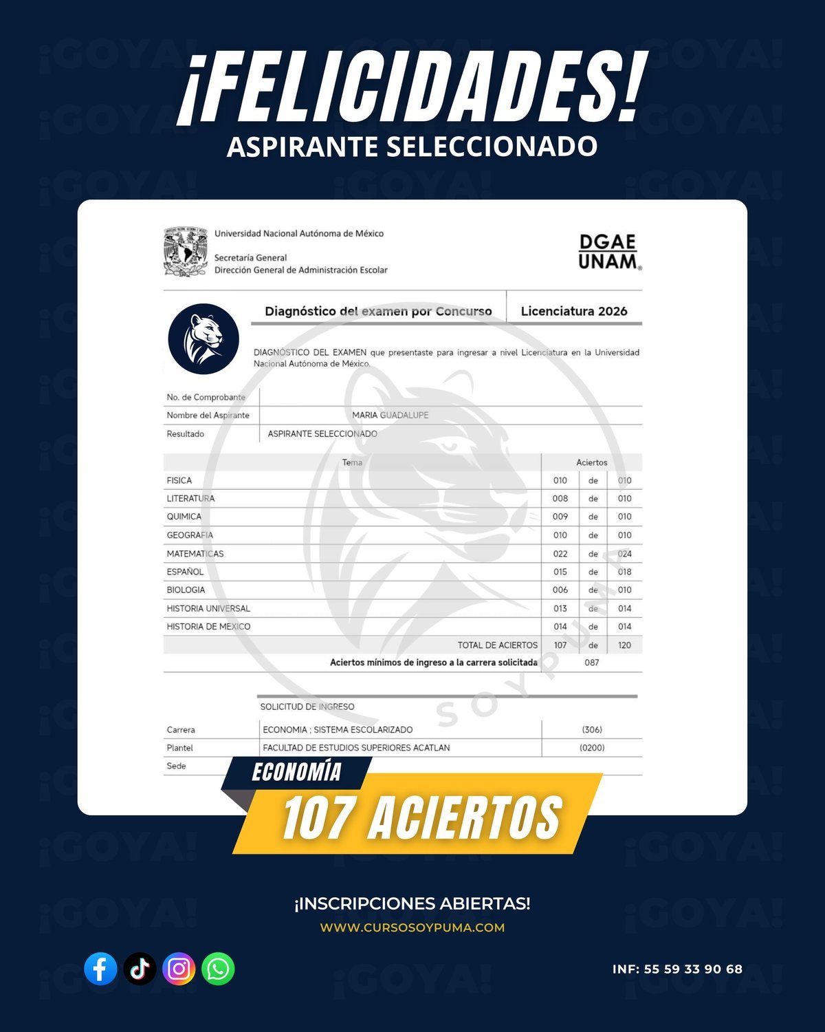 107 aciertos · Licenciatura 2026