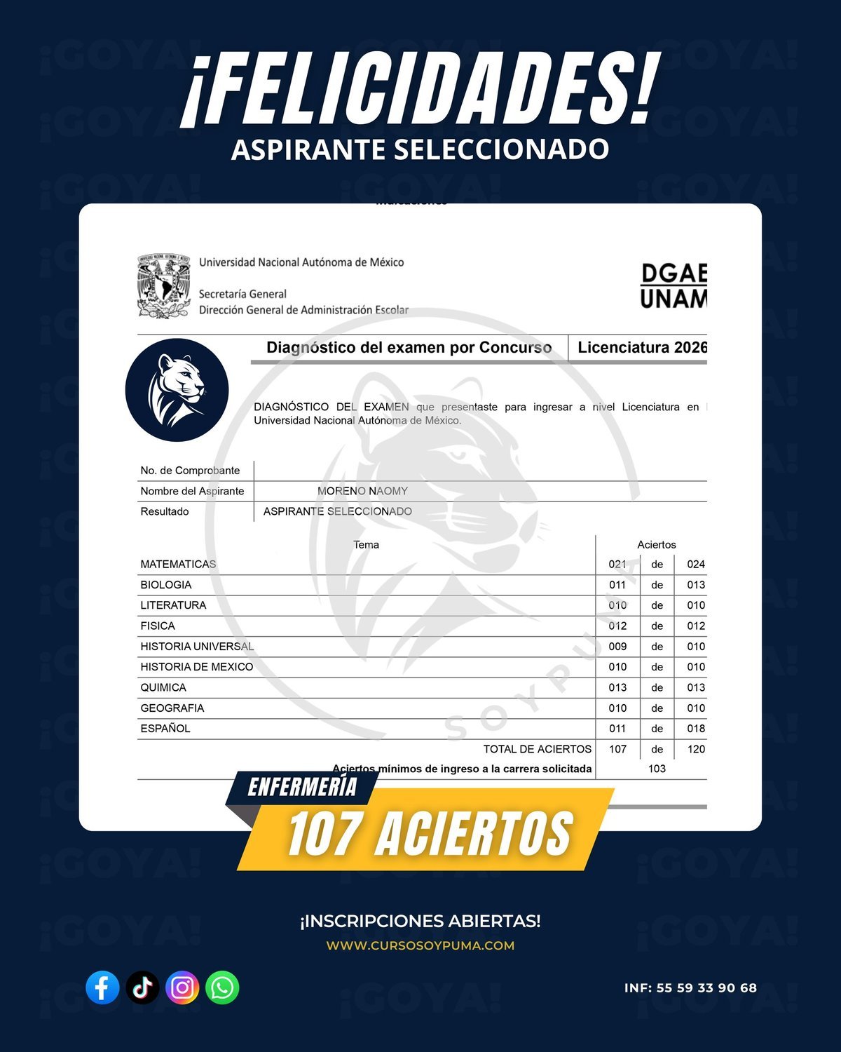 107 aciertos · Licenciatura 2026