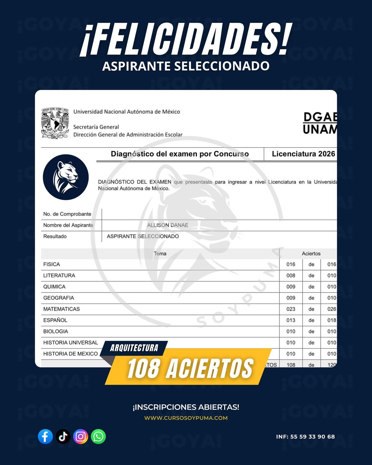 108 aciertos · Licenciatura 2026