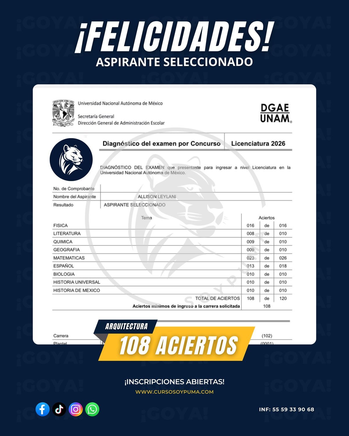 108 aciertos · Licenciatura 2026