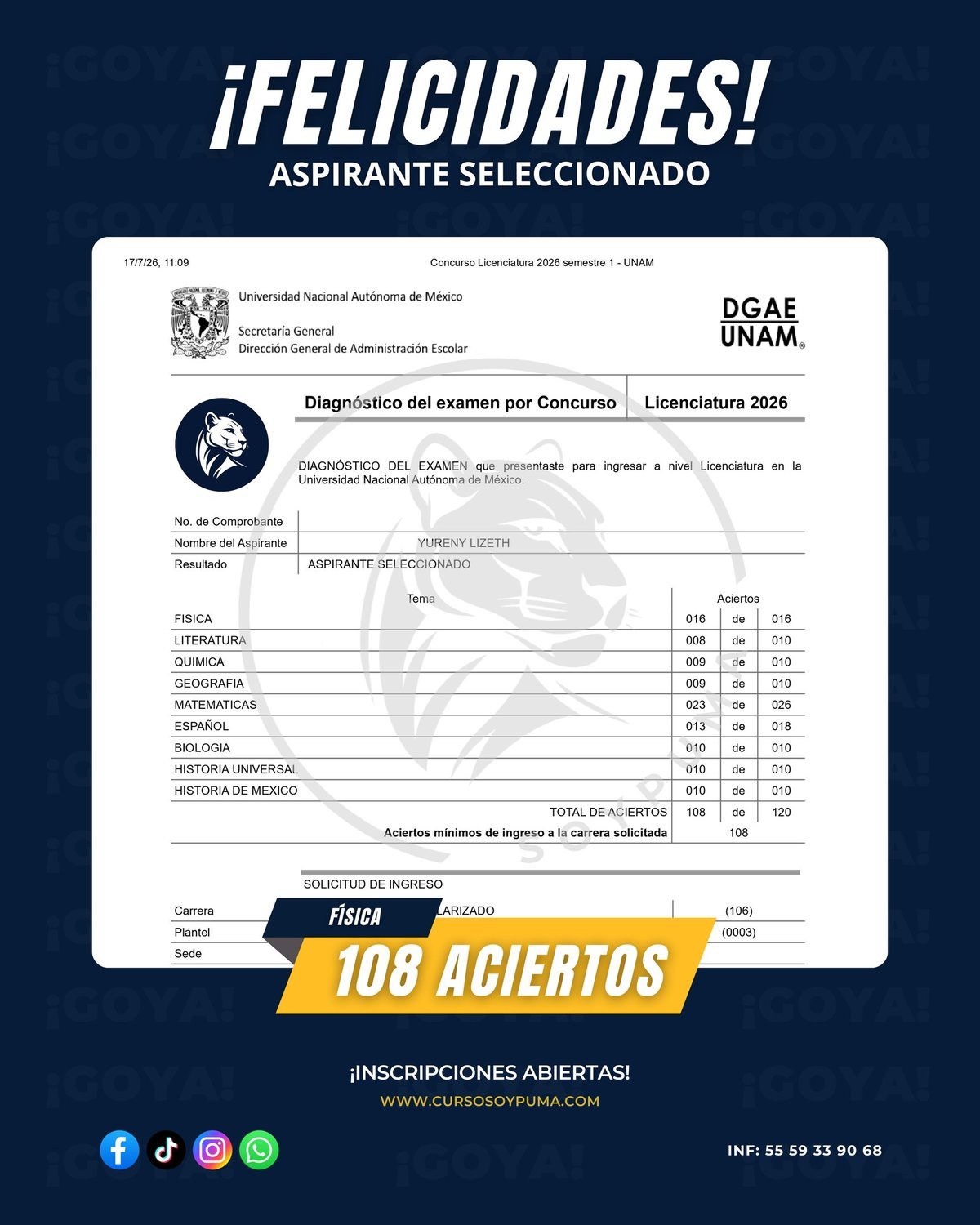 108 aciertos · Licenciatura 2026