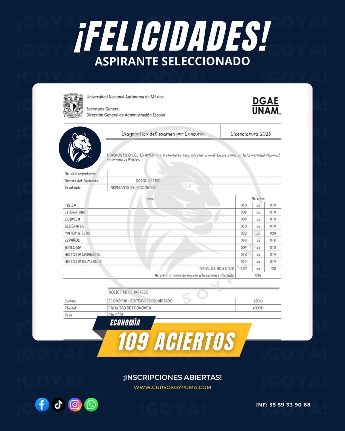 109 aciertos · Licenciatura 2026