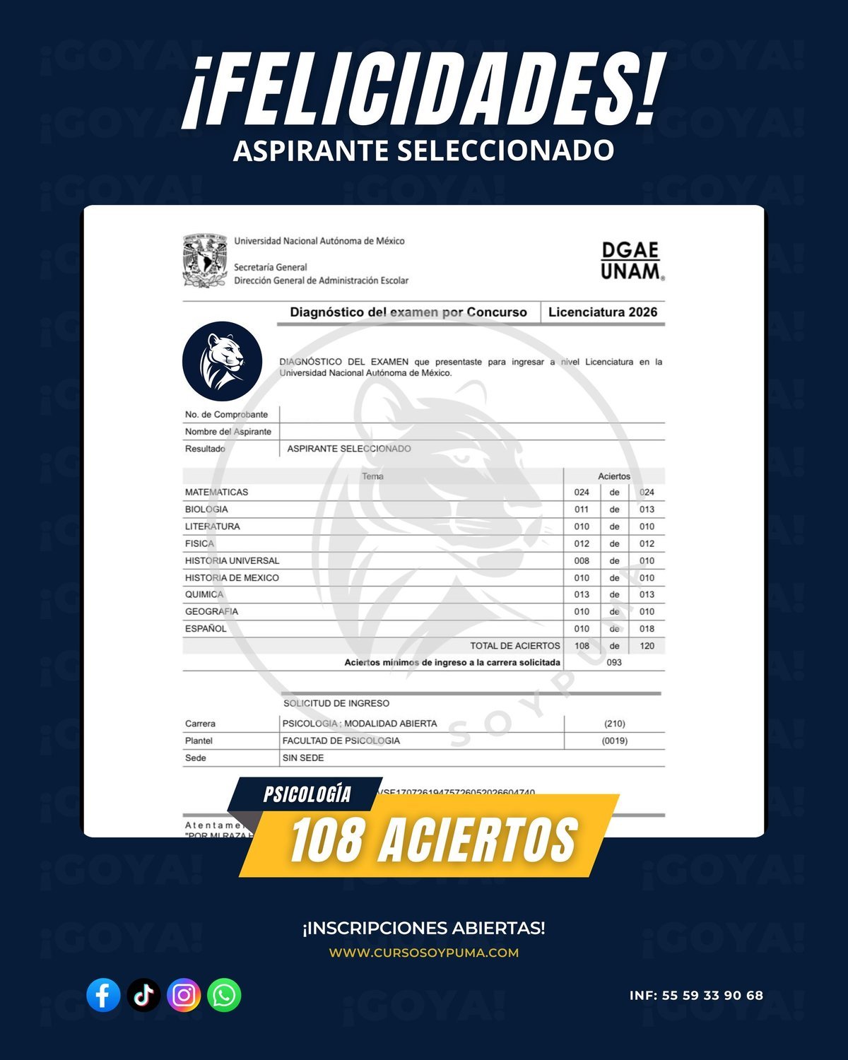 108 aciertos · Licenciatura 2026