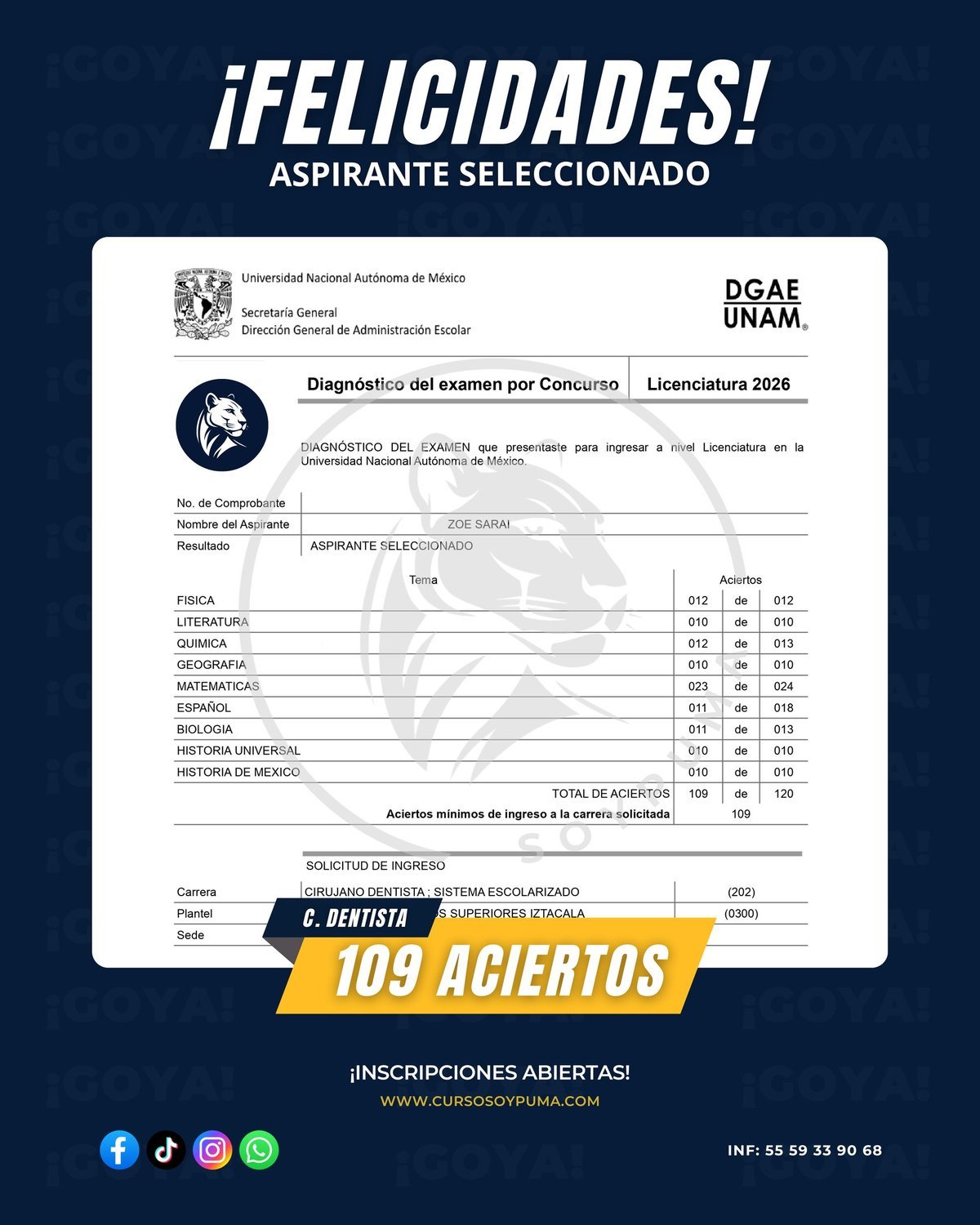 109 aciertos · Licenciatura 2026