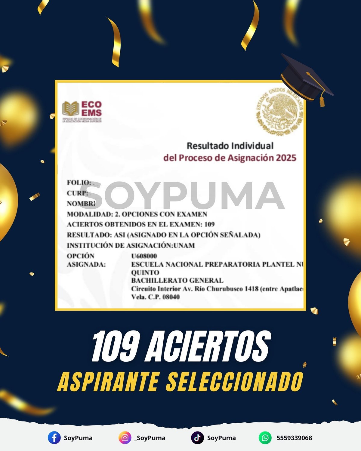 109 aciertos · Preparatoria 2025