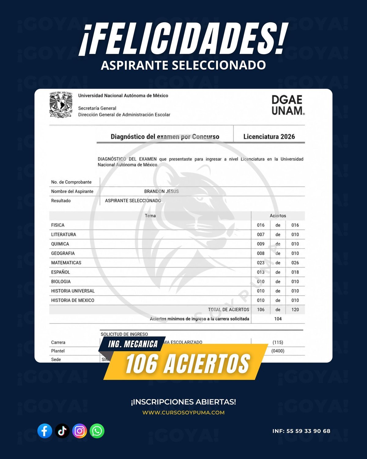 106 aciertos · Licenciatura 2026