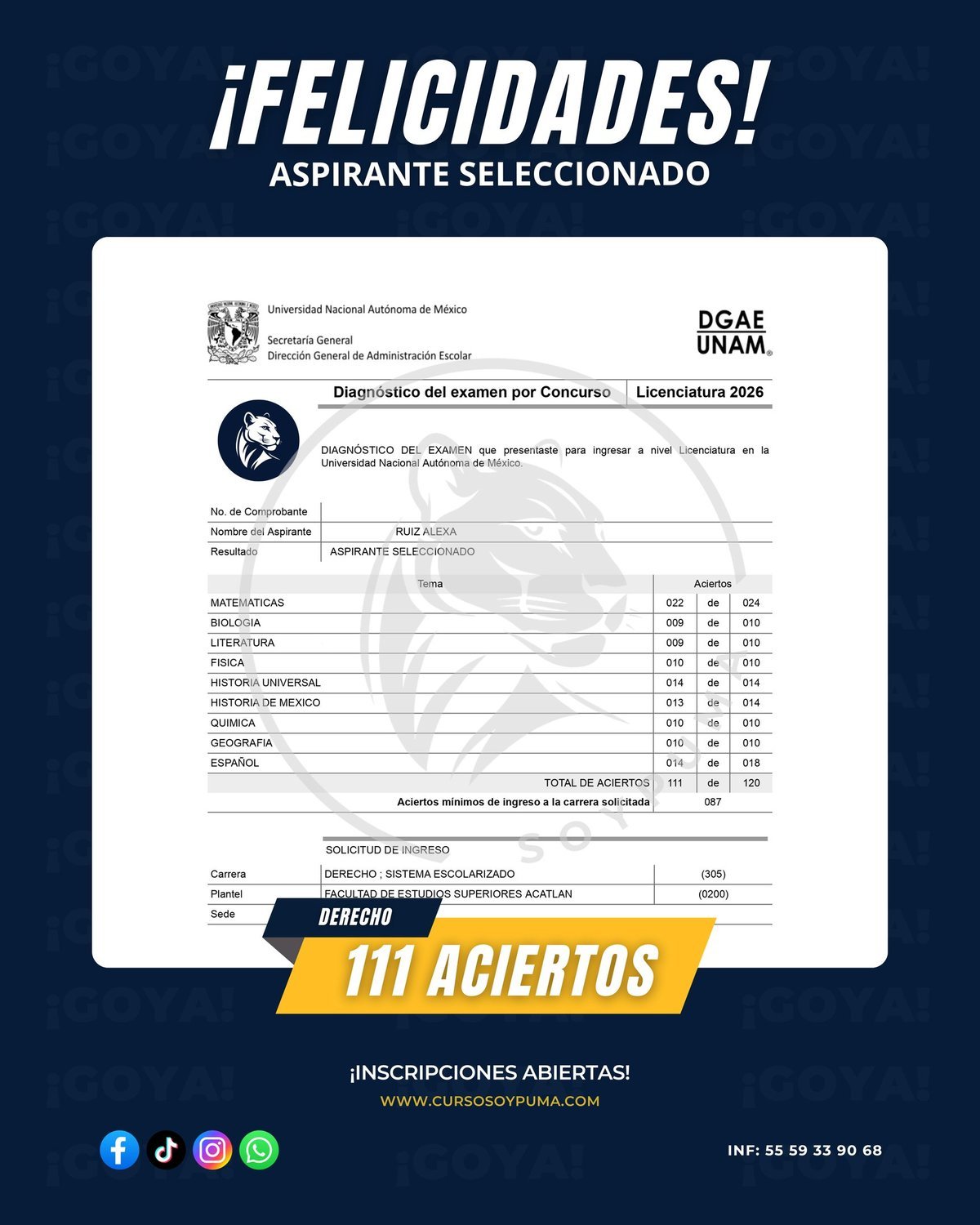 111 aciertos · Licenciatura 2026