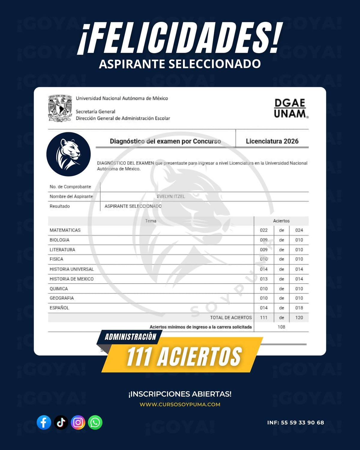 111 aciertos · Licenciatura 2026