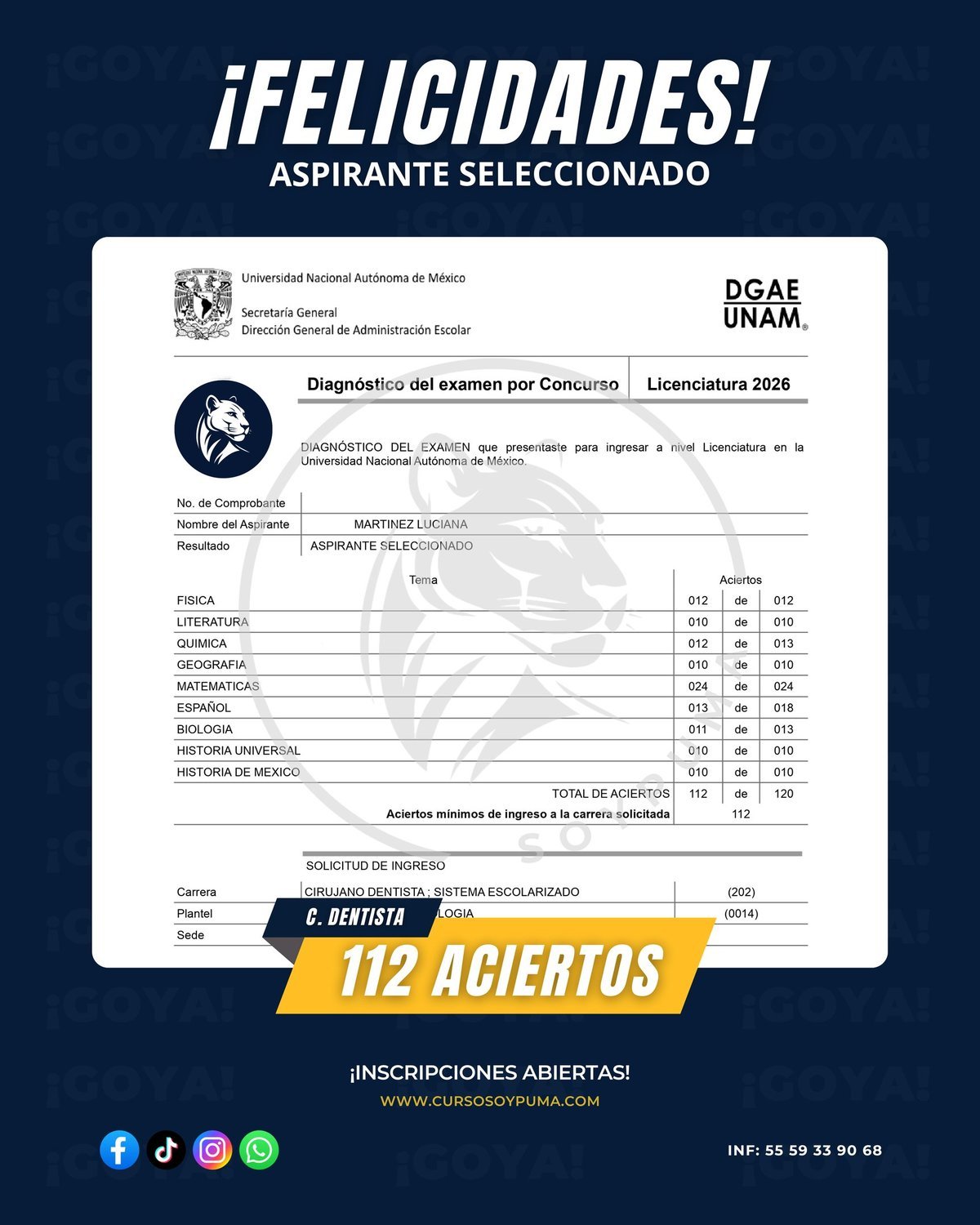 112 aciertos · Licenciatura 2026