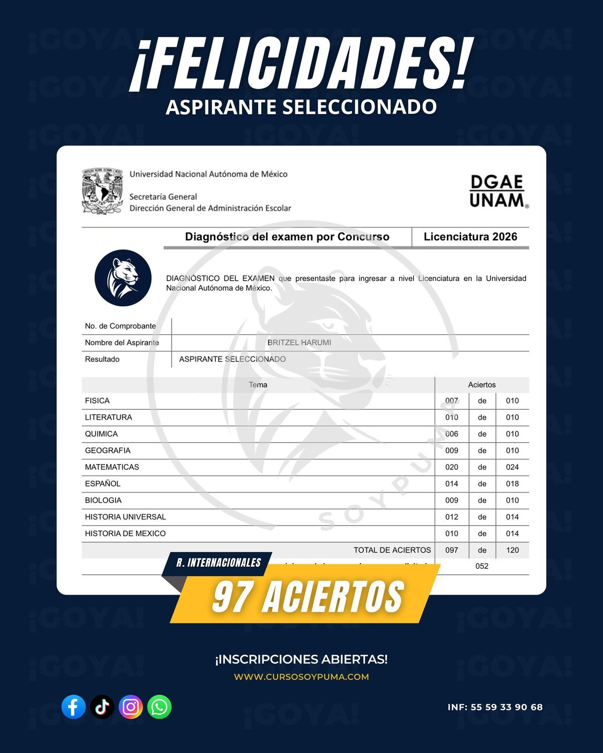 97 aciertos · Licenciatura 2026