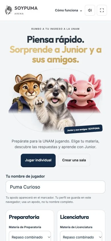 Portada móvil de SOYPUMA ARENA con sus tres personajes