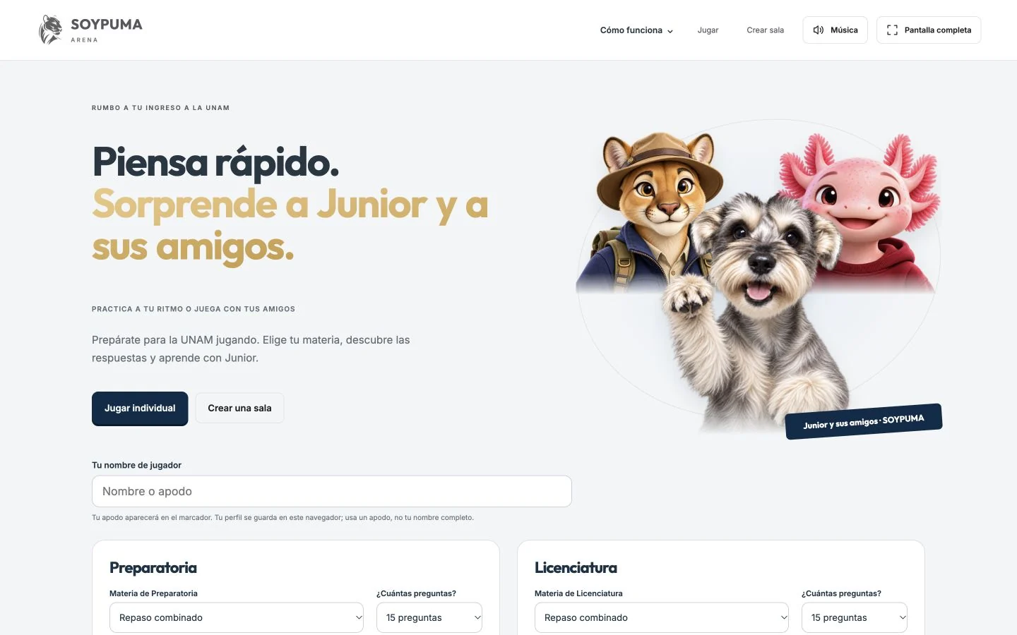 Inicio de SOYPUMA ARENA en computadora con Junior, el puma explorador y el ajolote