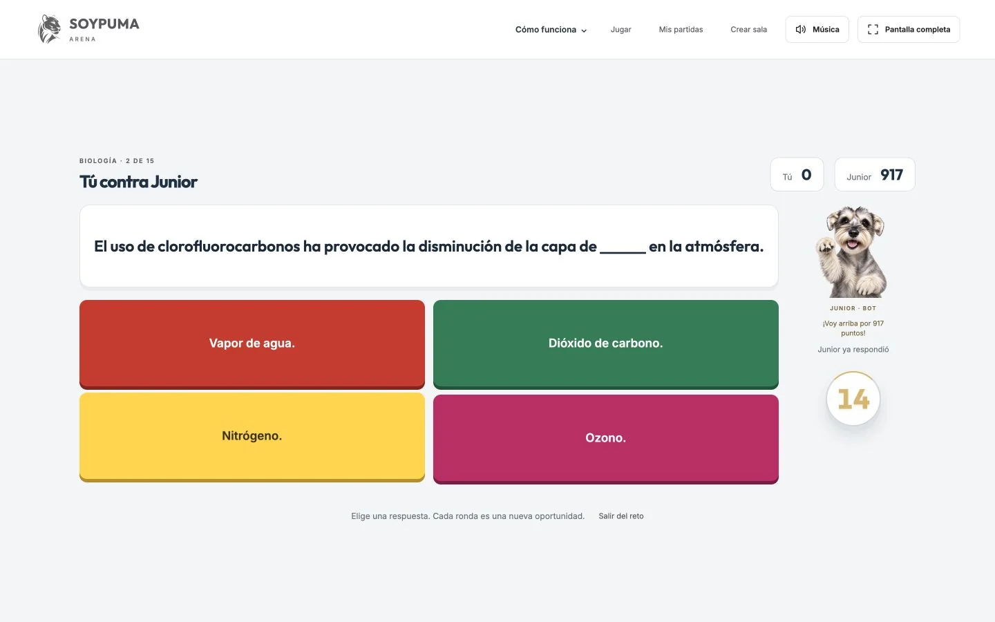 Pregunta de Biología con temporizador y cuatro respuestas en SOYPUMA ARENA