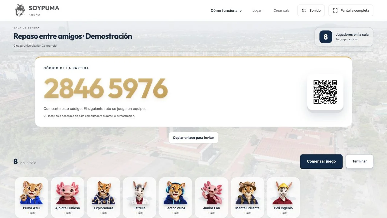 Sala gratuita de ARENA con QR código y avatares