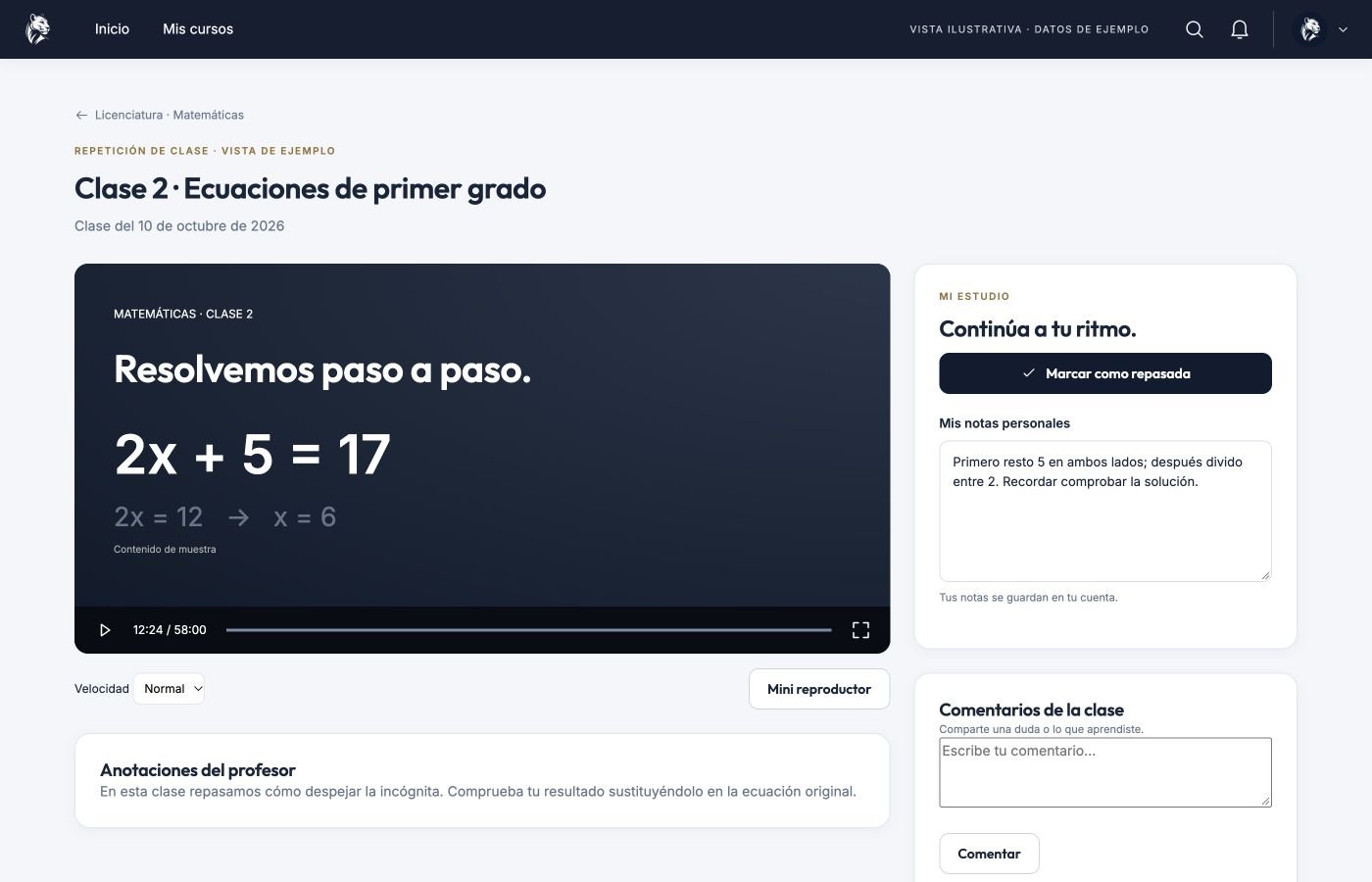 Vista ilustrativa de repeticiones en el campus SoyPuma, con datos de ejemplo