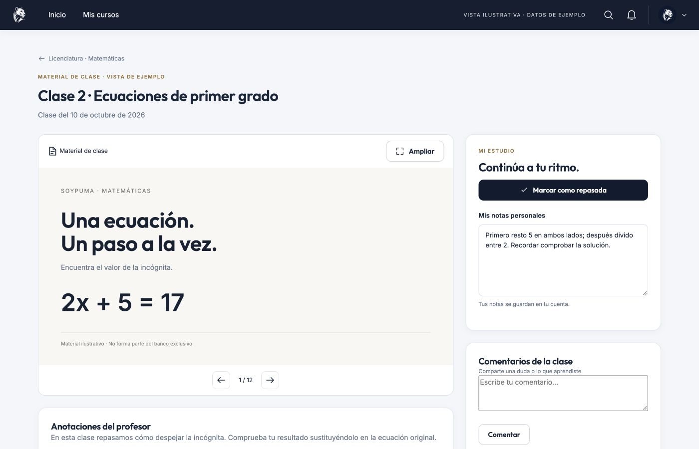 Vista ilustrativa de visor pdf en el campus SoyPuma, con datos de ejemplo