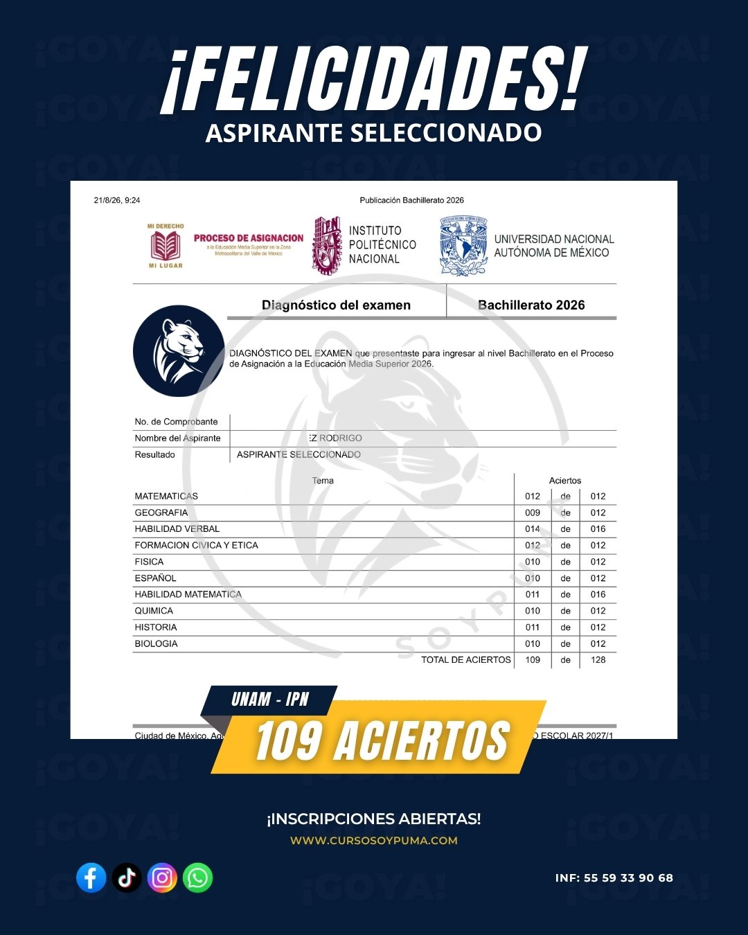 109 aciertos · Preparatoria 2026