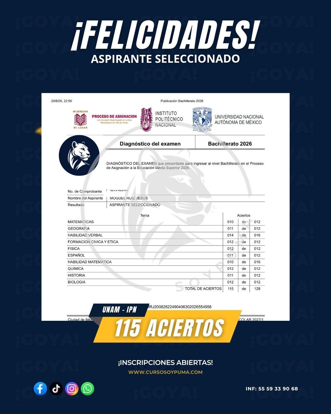 115 aciertos · Preparatoria 2026